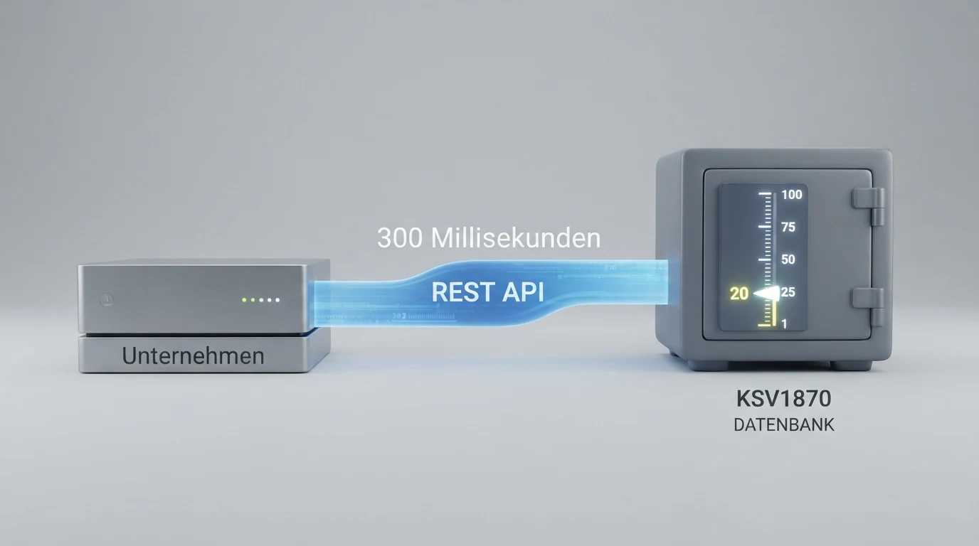 Schematische Darstellung des KSV1870-Abfrageprozesses: eine REST-Schnittstelle zwischen einem Unternehmen und der KSV1870-Datenbank, die in 300 Millisekunden einen RiskIndicator liefert