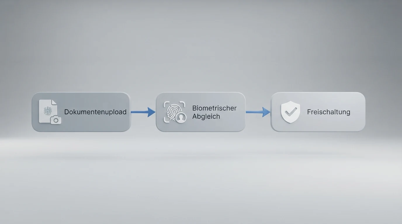 Schema des KYC-Prozesses mit den Stationen Dokumentenupload, biometrischer Abgleich und Freischaltung sowie den typischen Bearbeitungszeiten