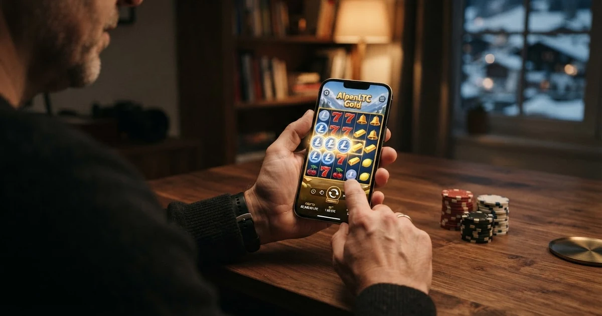 Zehn Casino-Logos nebeneinander aufgereiht vor einem dunklen Hintergrund mit goldenen Litecoin-Münzen und einer Lupe über dem mittleren Logo