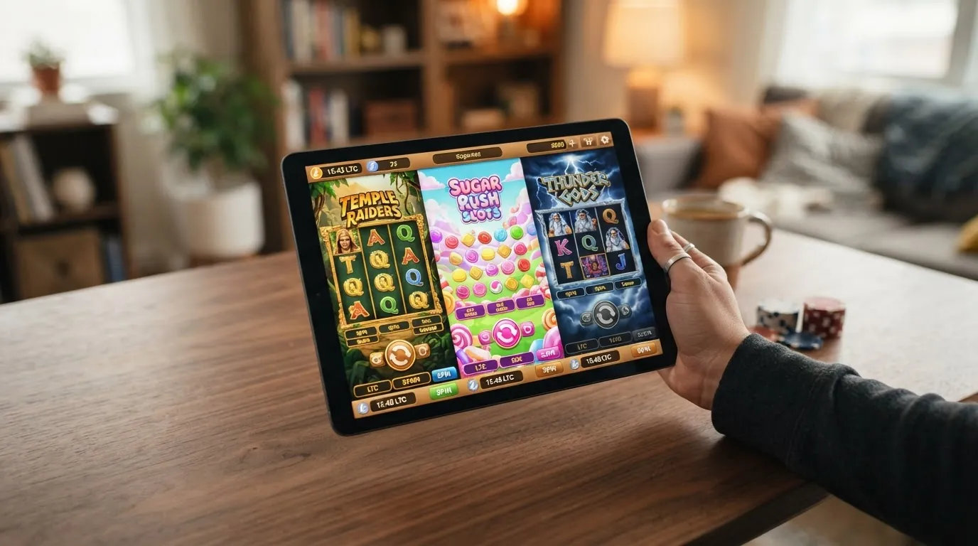 Drei Spielautomaten-Bildschirme nebeneinander – links ein ägyptisches Motiv, mittig eine bunte Bonbon-Welt, rechts ein griechischer Tempel mit Blitzen