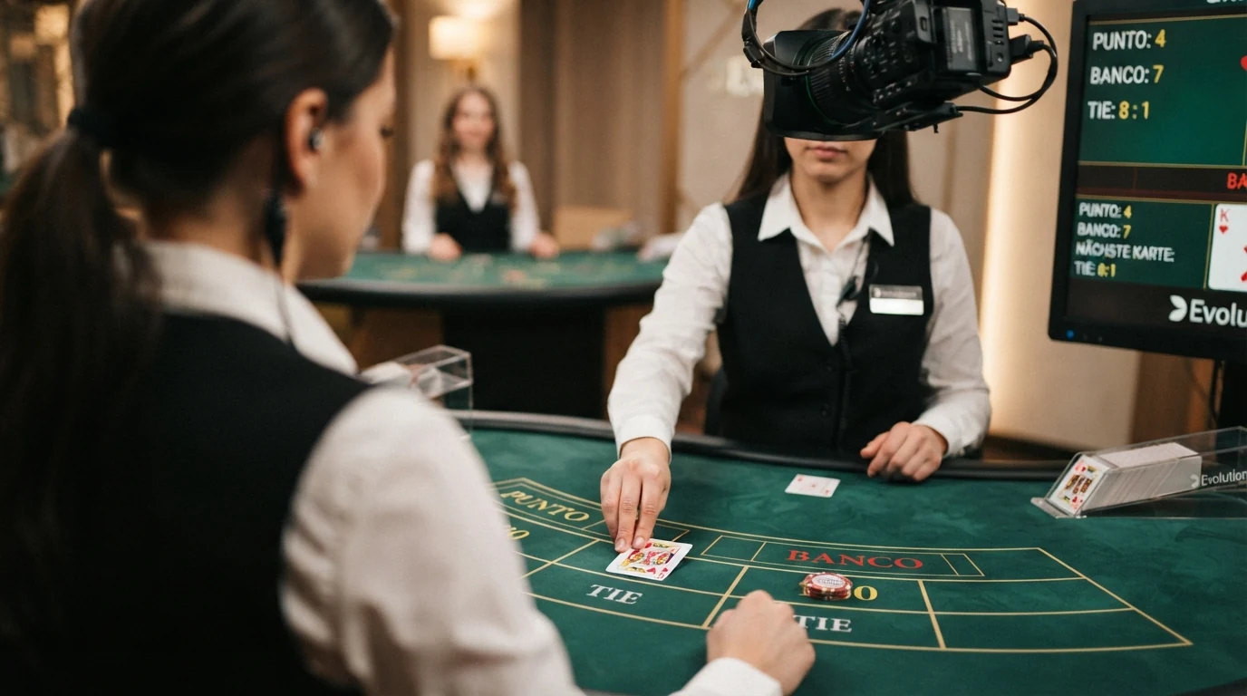 Ein Live-Dealer an einem Baccarat-Tisch, eingebettet in das Studio-Setup eines Evolution-Gaming-Tischs mit Bildschirmanzeige der Wettoptionen