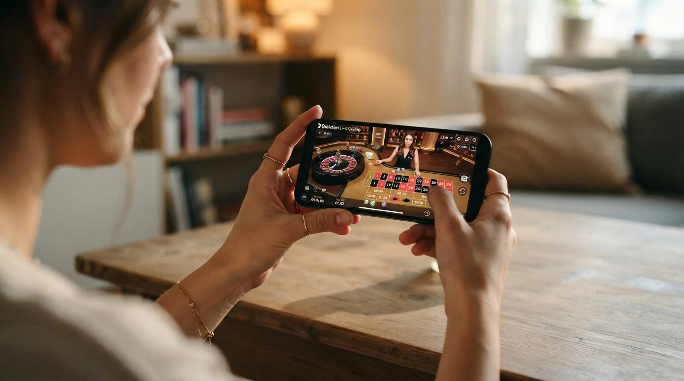 Smartphone im Querformat mit Live-Roulette-Tisch, echtem Dealer und Chat-Funktion auf dem Bildschirm