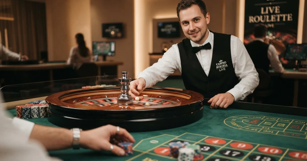 Ein Live-Roulette-Tisch mit deutschsprachigem Croupier im Studio, der das Rad dreht und in die Kamera spricht