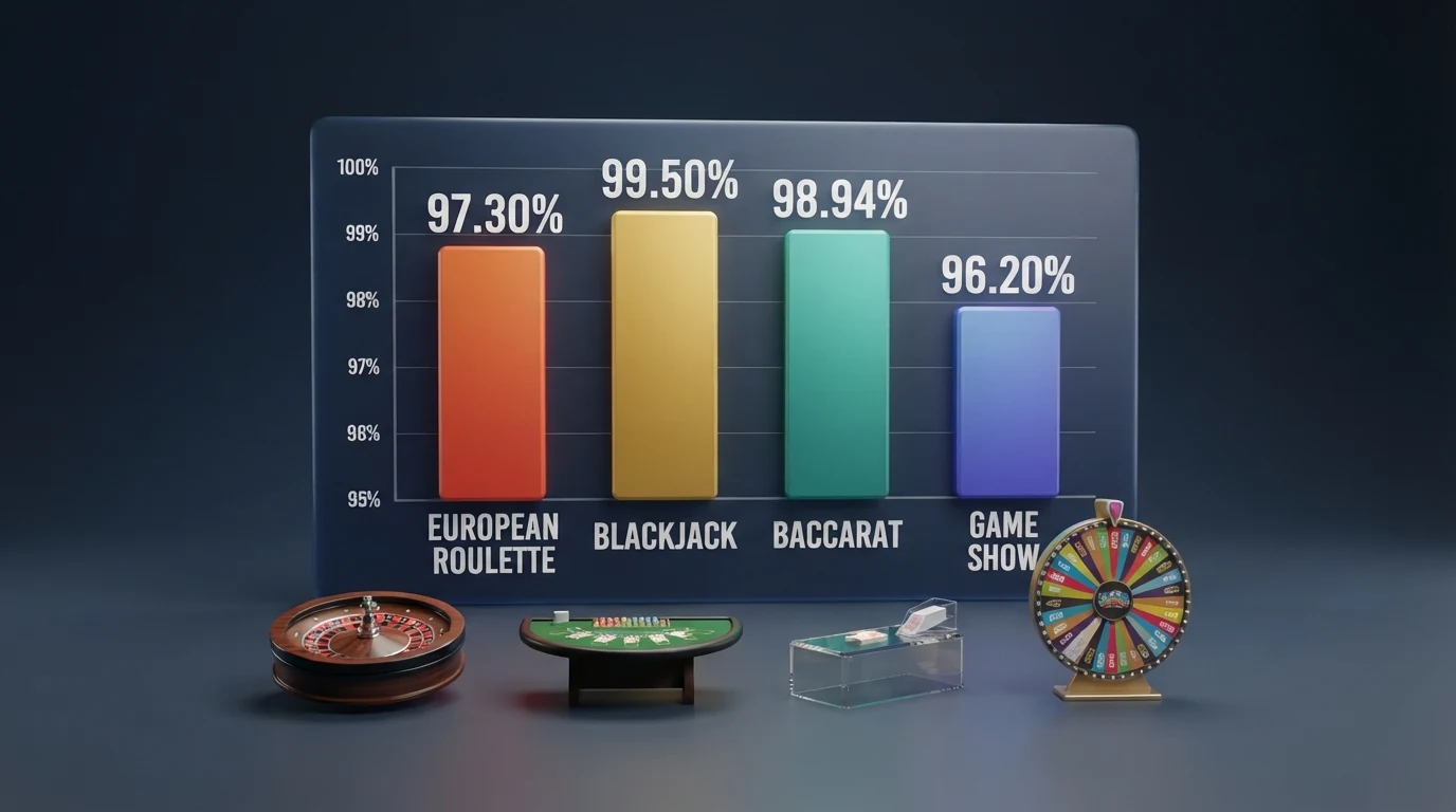 Grafische Gegenüberstellung mehrerer Live-Dealer-Spieltische (Roulette, Blackjack, Game Show) mit RTP-Prozentangaben