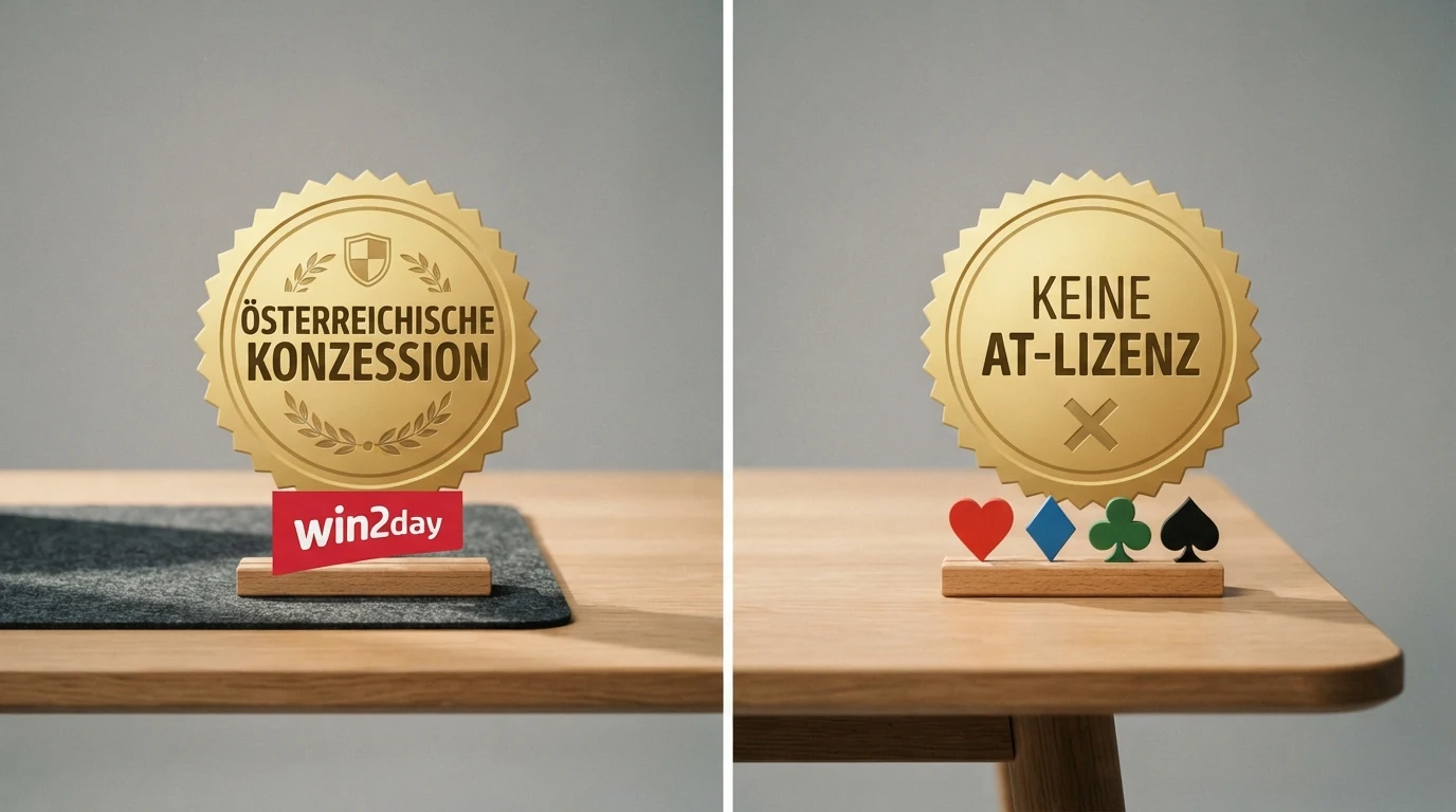 Eine visuelle Gegenüberstellung: links das win2day-Logo unter dem Stempel „Österreichische Konzession“, rechts eine Reihe internationaler Casino-Logos unter dem Stempel „Keine AT-Lizenz“