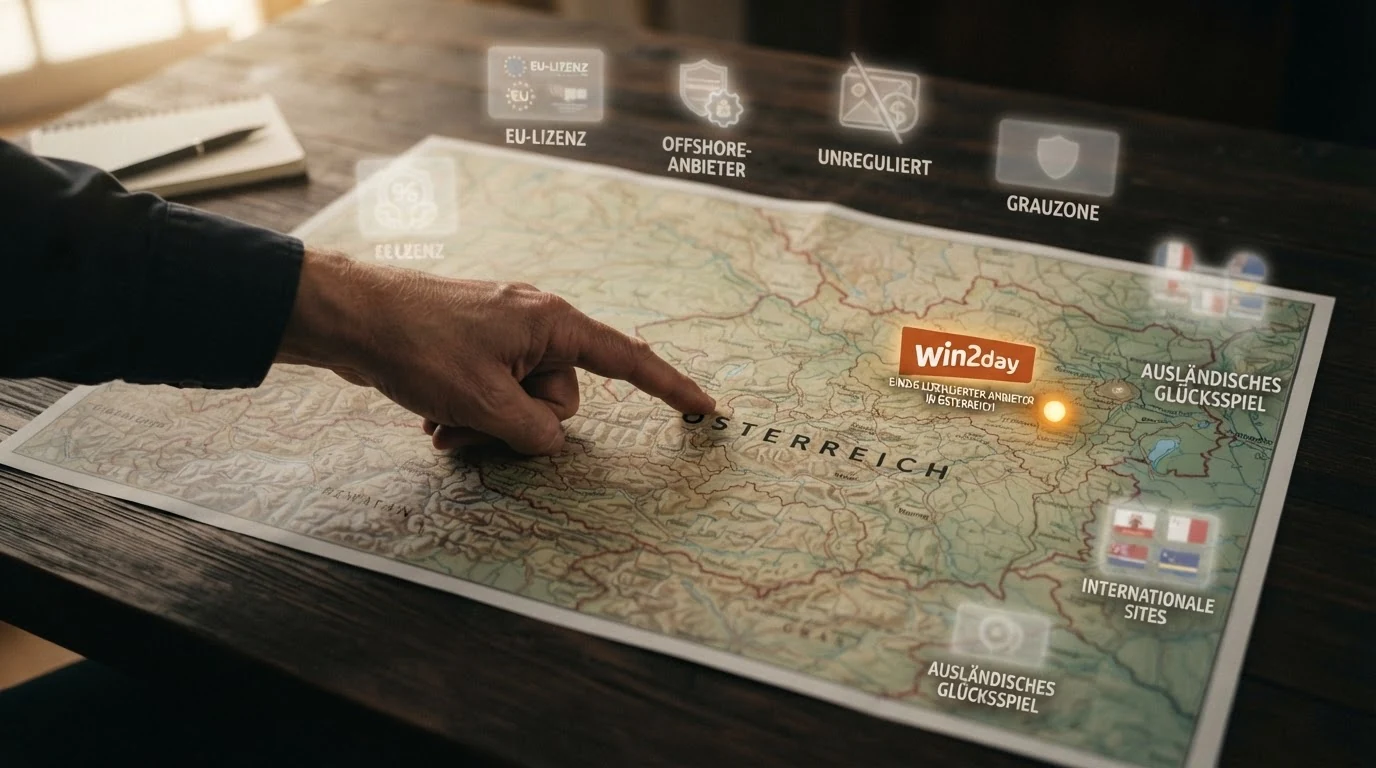 Eine Österreich-Karte mit einem einzelnen markierten Punkt für win2day als einzigem Konzessionsinhaber, umgeben von blassen Offshore-Symbolen (Malta, Gibraltar, Curaçao) für die neun unautorisierten Anbieter
