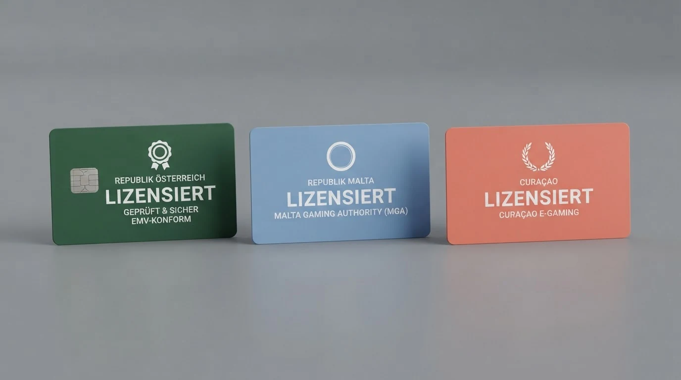Drei nebeneinanderliegende Kacheln mit den Beschriftungen AT-Konzession, MGA-Lizenz und Curaçao-Lizenz, darunter Stichpunkte zu Spielerschutz und Rückforderungsrecht