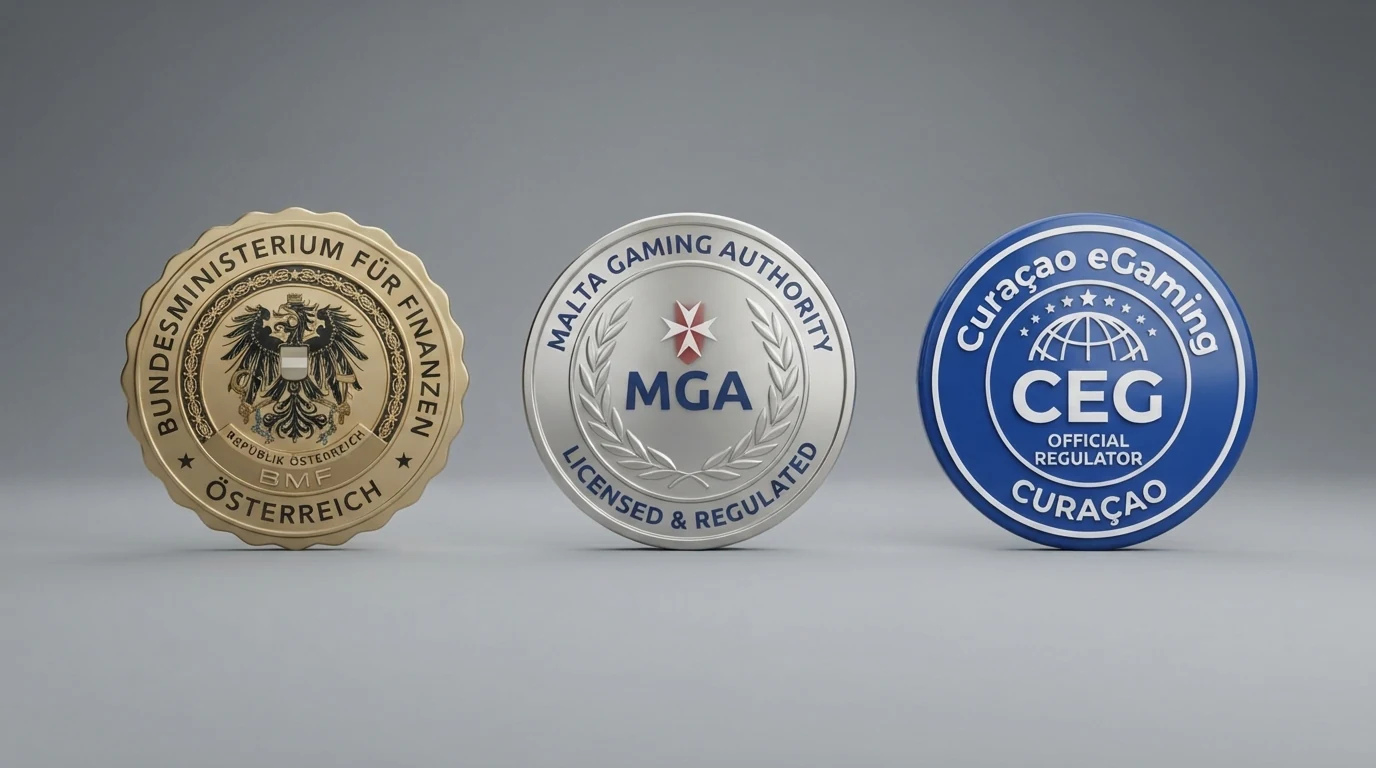 Drei nebeneinanderliegende Siegel: das österreichische BMF-Konzessionssiegel, das MGA-Logo und das Curaçao-eGaming-Symbol