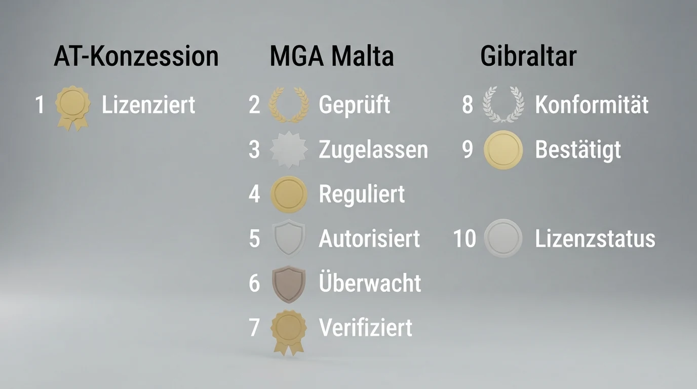 Eine Übersichtsgrafik mit den Logos und Lizenzsiegeln der zehn vorgestellten Anbieter, gruppiert nach Lizenztyp (AT-Konzession, MGA, Gibraltar)
