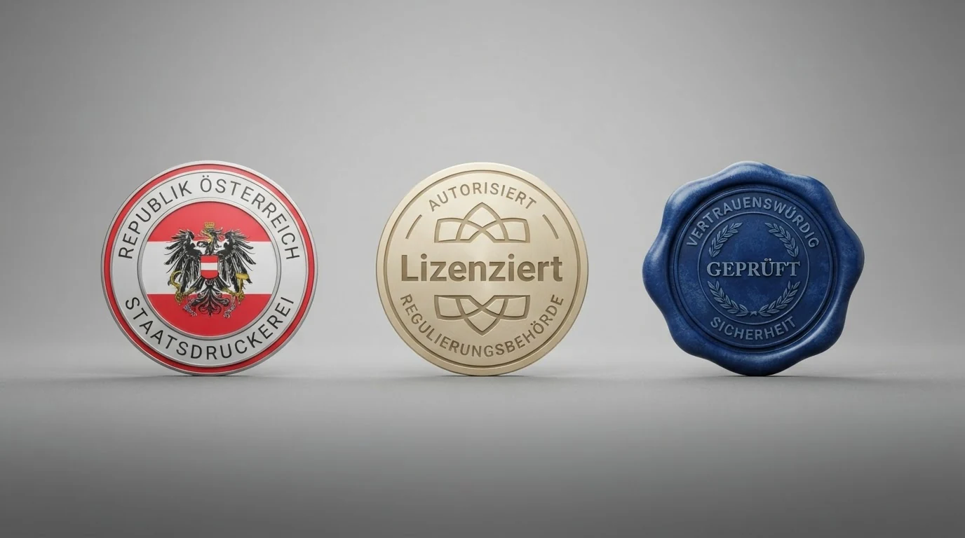 Drei nebeneinander angeordnete Lizenz-Siegel: die österreichische Flagge für die AT-Konzession, das MGA-Logo für die maltesische Lizenz und das Curaçao-Wappen für die Curaçao-Lizenz