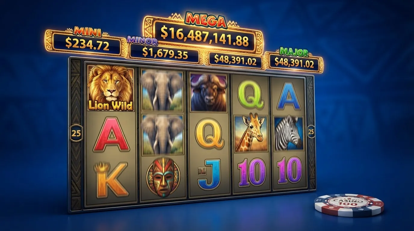 Bildschirmdarstellung des Mega Moolah-Slot-Spielfelds mit dem vierstufigen progressiven Jackpot-Zähler über den Walzen