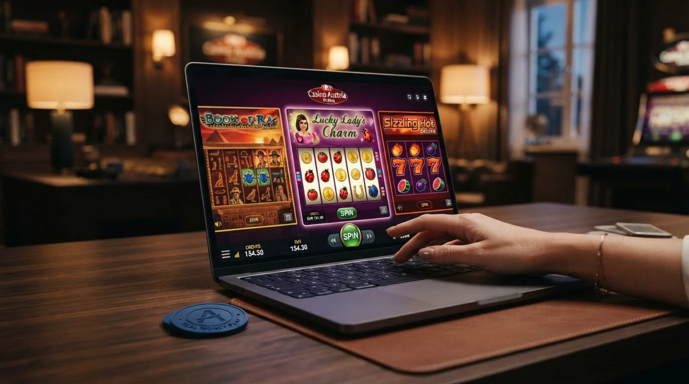Drei beliebte Spielautomaten von Merkur und Novoline im Bild: Eye of Horus, Book of Ra Deluxe und Sizzling Hot in einer Online-Spielothek-Oberfläche