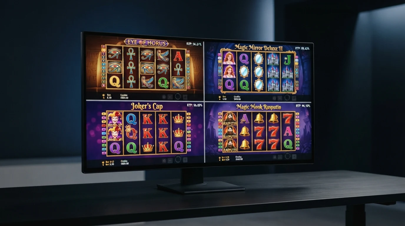 Eine Auswahl beliebter Merkur-Slot-Titel wie Eye of Horus, Magic Mirror Deluxe II und Joker's Cap auf einem Bildschirm mit eingeblendeten RTP-Werten