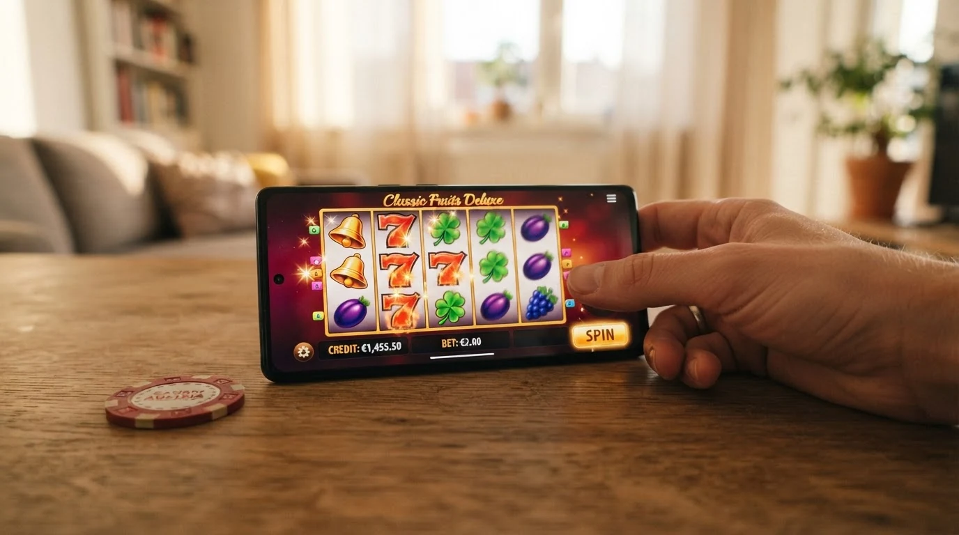 Ein Smartphone im Querformat zeigt einen farbigen Spielautomaten mit ägyptischen Symbolen, der Daumen des Spielers tippt auf die Dreh-Taste, im oberen Bildschirmrand ist die Browser-Adressleiste zu sehen