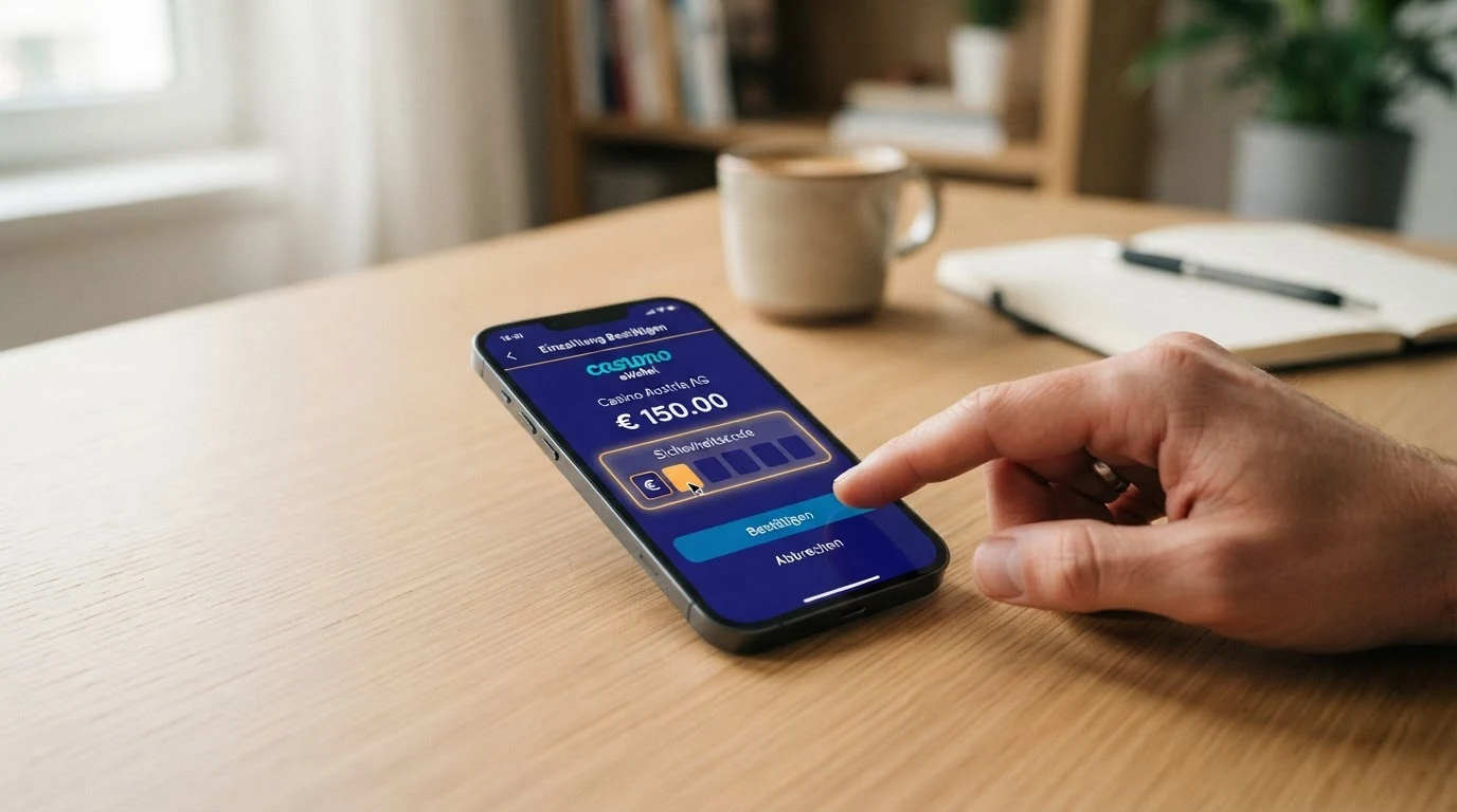Dreistufiges Schema: Casino-Kasse, MuchBetter-App mit Bestätigungsdialog und Spielguthaben