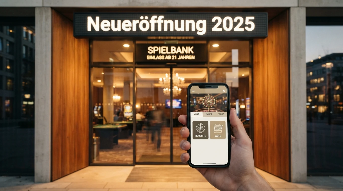 Eine stilisierte Neueröffnungsszene mit einem Casino-Eingang und einem Kalenderblatt für 2026