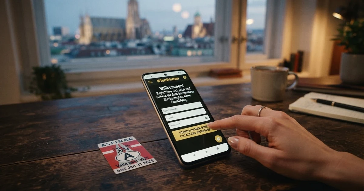 Eine Nahaufnahme eines Smartphone-Bildschirms mit der Registrierungsseite eines Online-Casinos, auf dem ein „Startguthaben“-Button hervorgehoben ist, daneben liegt eine österreichische Vignette als Herkunftssignal.