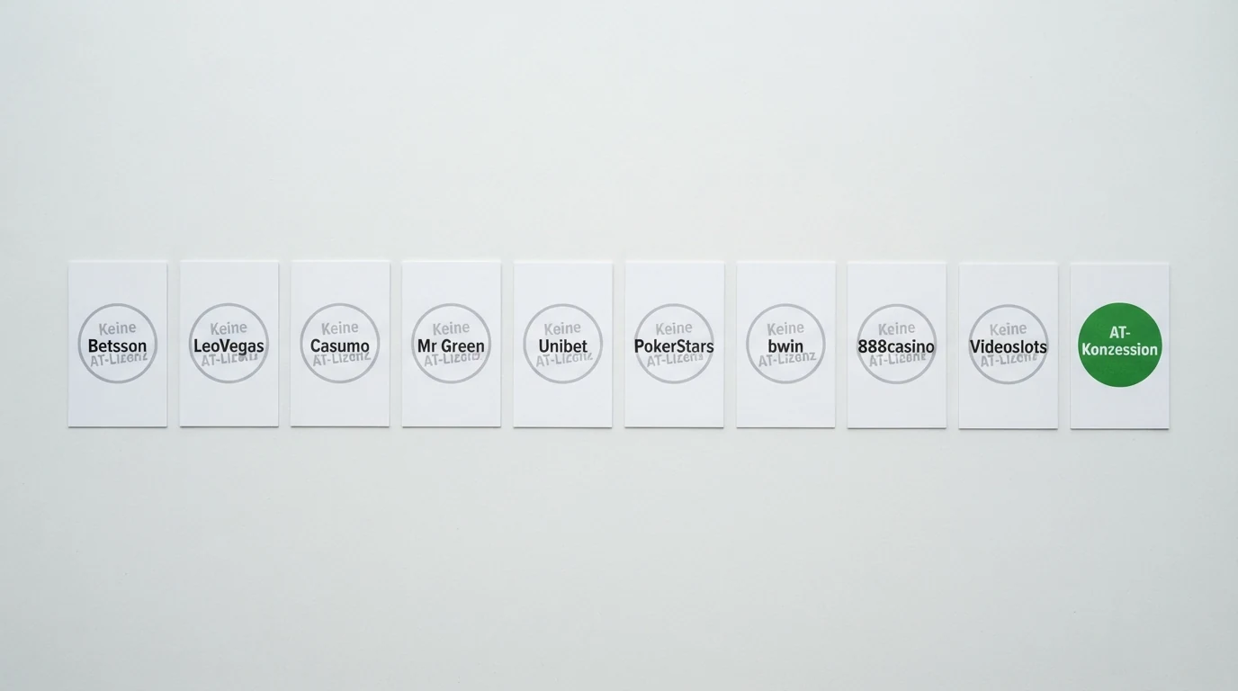 Zehn Casino-Logos nebeneinander aufgereiht, neun davon mit einem grauen „Keine AT-Lizenz“-Stempel, nur eines mit grünem „AT-Konzession“-Siegel markiert