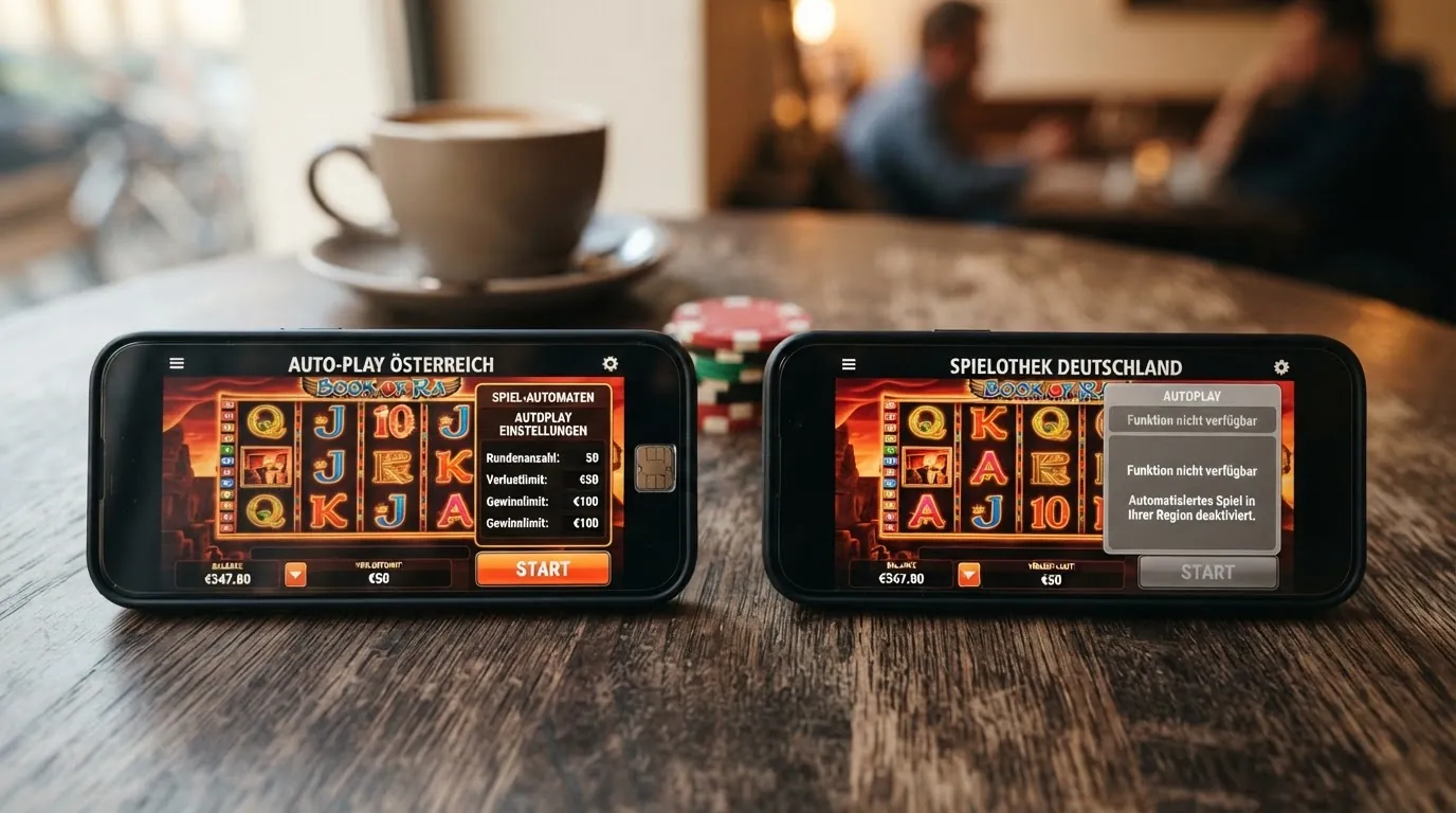 Eine visuelle Gegenüberstellung: auf der linken Seite ein österreichisches Online Casino mit aktivem Autoplay-Menü, auf der rechten Seite ein deutsches Casino mit ausgegrauter Autoplay-Schaltfläche und dem Hinweis „Funktion nicht verfügbar“