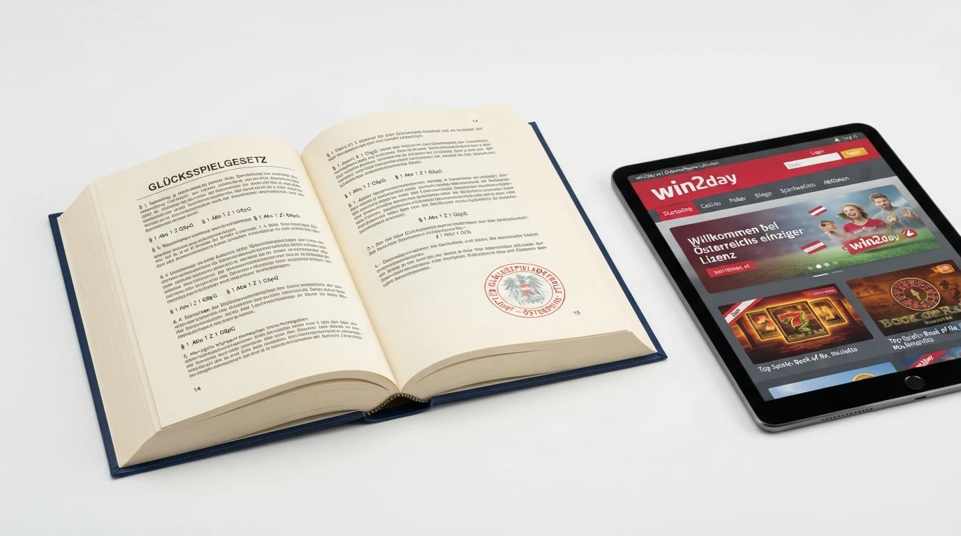 Ein aufgeschlagenes Gesetzbuch mit dem Titel Glücksspielgesetz neben dem Logo der österreichischen Bundeswappen, ein Tablet zeigt die win2day-Startseite