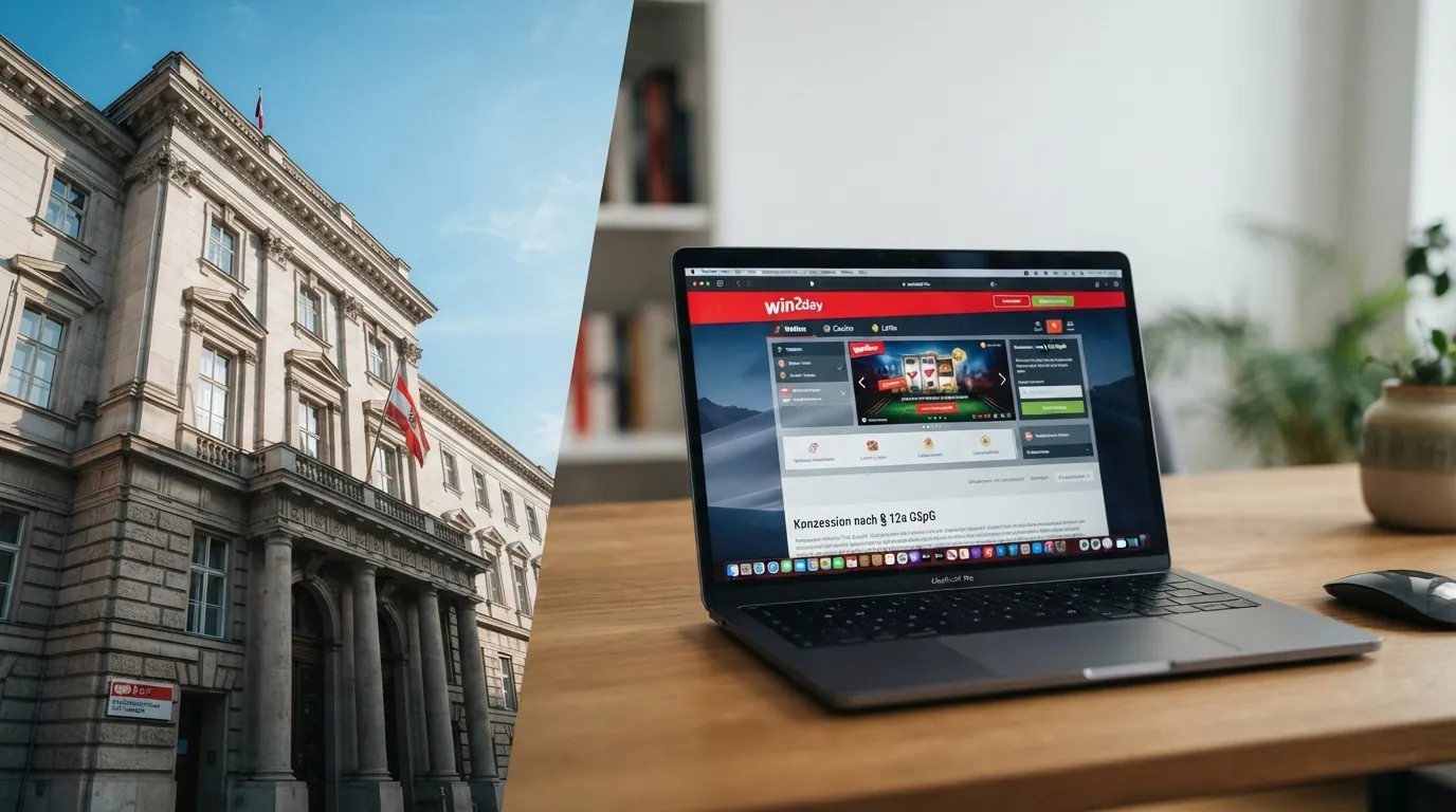 Das BMF-Gebäude in Wien neben einem Bildschirm mit der win2day-Startseite und dem Schriftzug „Konzession nach § 12a GSpG“