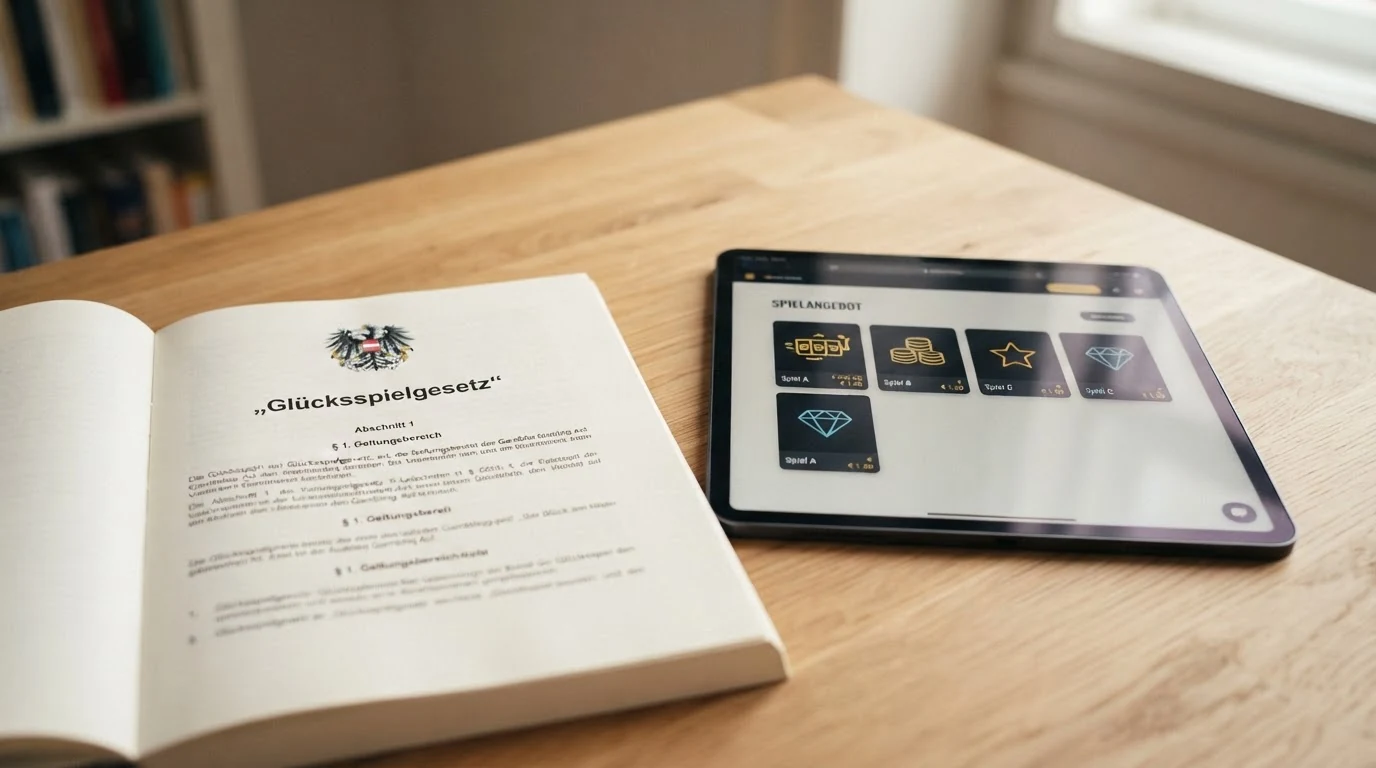 Offizielles Dokument mit Bundesadler und dem Schriftzug „Glücksspielgesetz“ neben einem Tablet mit Casino-Startseite — die visuelle Spannung zwischen österreichischem Rechtsrahmen und internationalem Online-Angebot