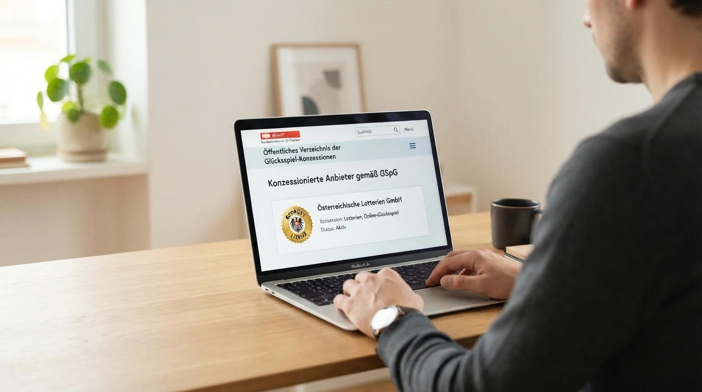 Screenshot-Ausschnitt der öffentlichen BMF-Konzessionsliste mit dem einzigen Eintrag „Österreichische Lotterien GmbH“ und dem win2day-Logo