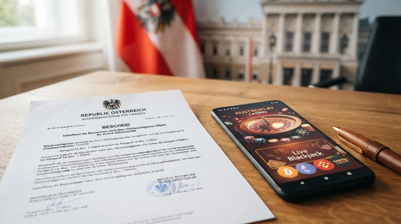 Ein amtliches Dokument mit dem österreichischen Bundeswappen neben einem Smartphone mit Casino-Oberfläche