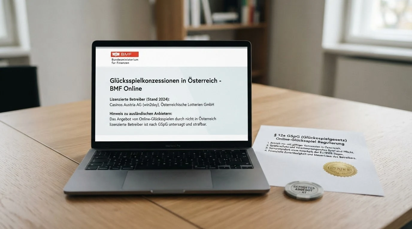 Screenshot des BMF-Glücksspiel-Portals mit Hinweis auf die Konzessionsliste und das Glücksspielgesetz