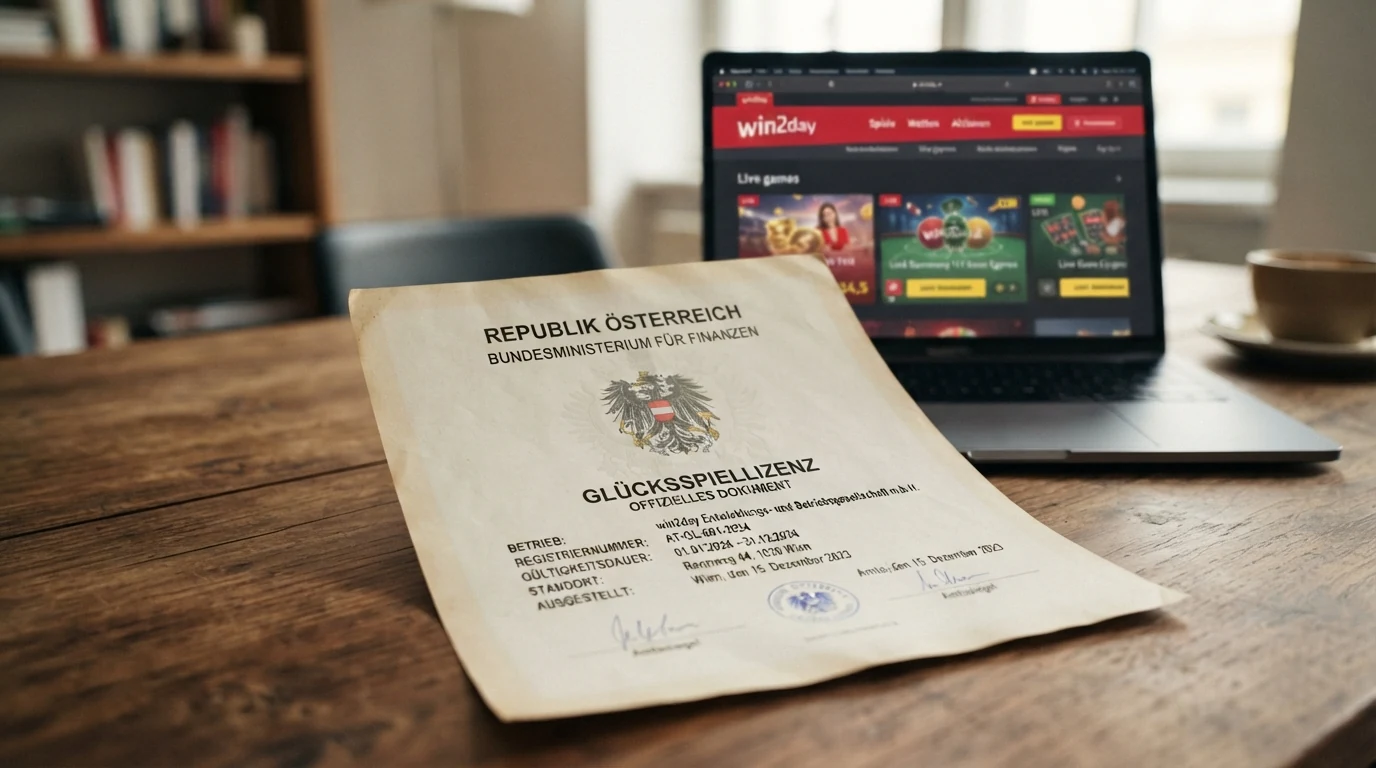 Eine Nahaufnahme des österreichischen Bundesadlers auf einem offiziellen Dokument, daneben ein Bildschirm mit der win2day-Startseite