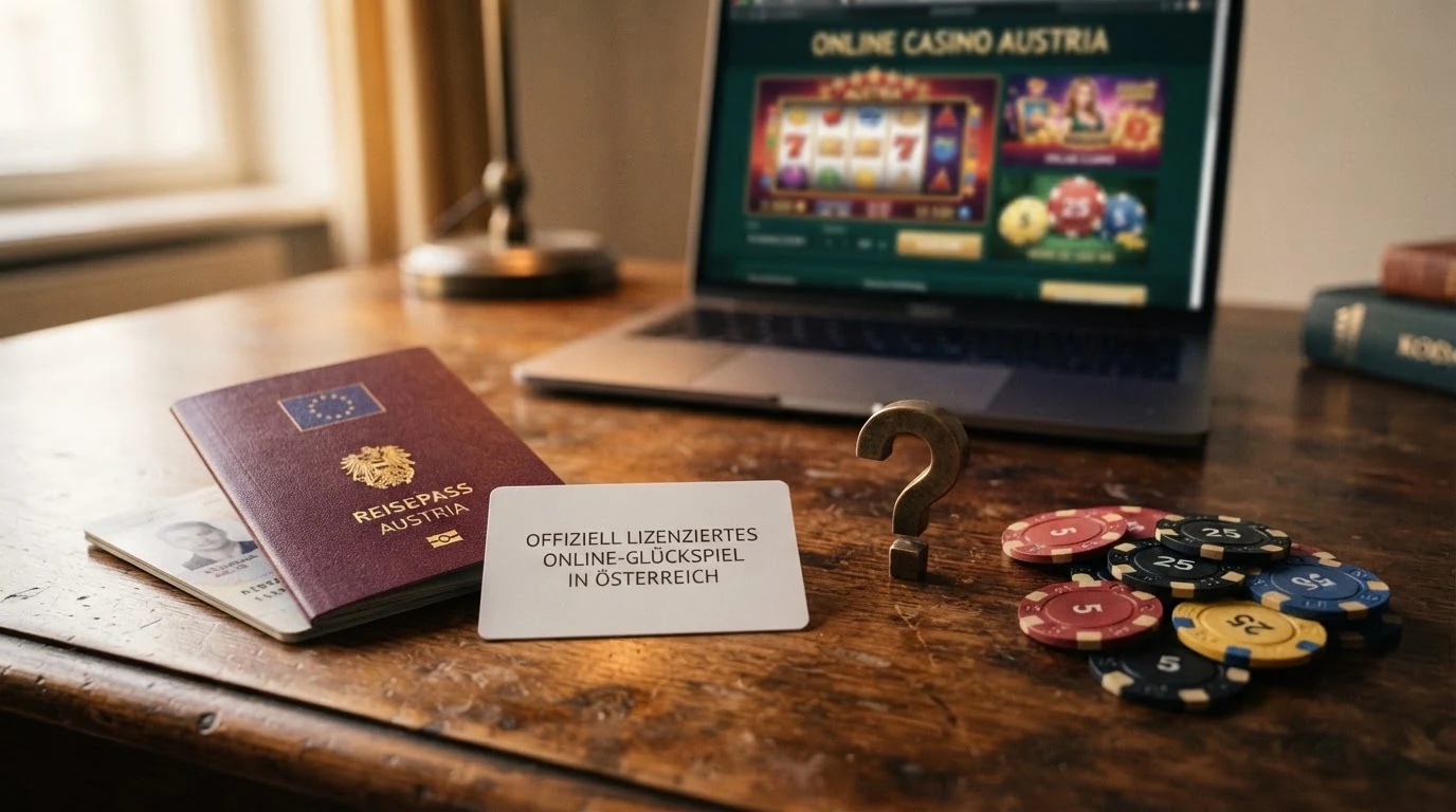 Ein österreichischer Reisepass neben dem win2day-Logo auf der einen Seite, die Logos von MGA-lizenzierten Casinos auf der anderen — dazwischen ein Fragezeichen