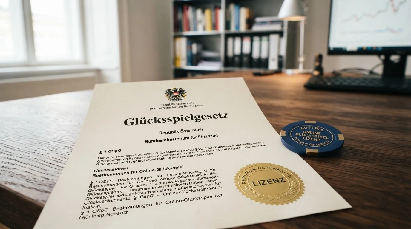 Amtliches Dokument mit österreichischem Bundesadler und dem Schriftzug Glücksspielgesetz, auf einem Schreibtisch liegend