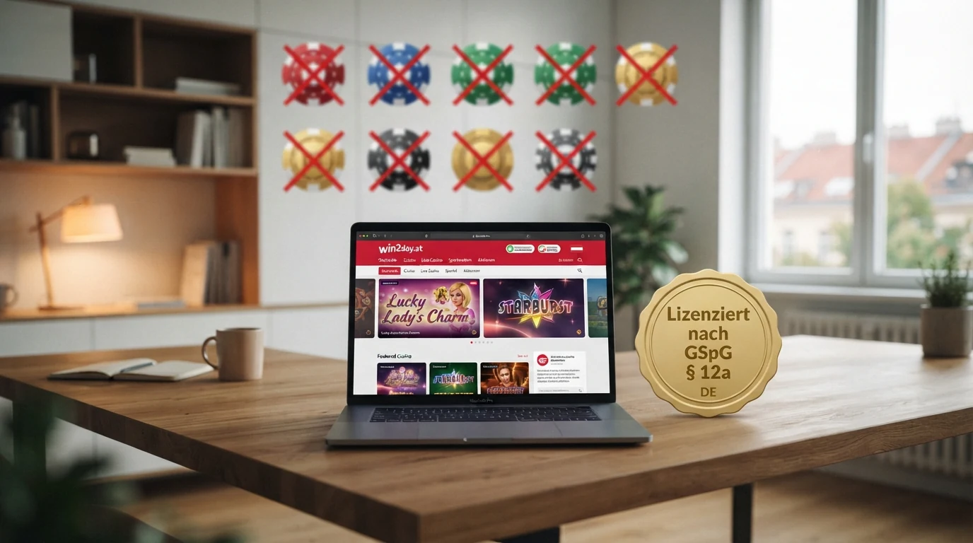 Das BMF-Logo neben dem win2day-Logo mit dem Schriftzug „Einzige österreichische Online-Glücksspielkonzession“, darunter neun durchgestrichene Casino-Logos mit dem Vermerk „Keine AT-Konzession“