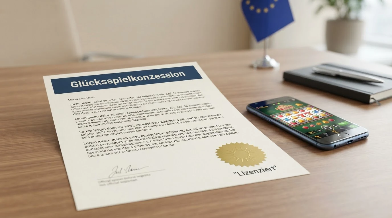 Offizielles österreichisches Glücksspiel-Lizenzdokument neben EU-Flagge und einem Bildschirm mit Casino-Startseite