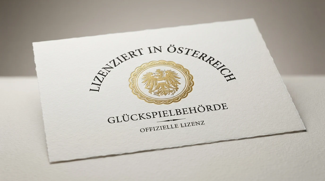 Ein offiziell wirkendes Dokument oder Siegel, das die österreichische Glücksspiel-Konzession symbolisiert, neben dem win2day-Logo