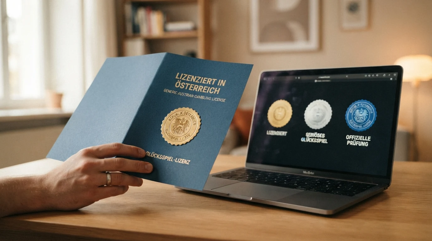 Ein offiziell wirkendes Dokument mit Siegel neben dem win2day-Logo auf der einen Seite und einer Reihe von MGA- und Curaçao-Lizenzlogos auf der anderen — visuelle Darstellung des Kontrasts zwischen AT-Konzession und ausländischen Lizenzen.