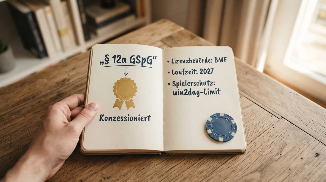 Eine stilisierte Darstellung des österreichischen Bundesadlers neben einem Paragrafen-Symbol und dem Kürzel „GSpG“ auf einem Dokument