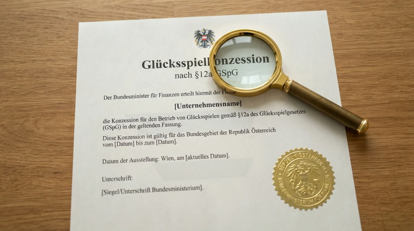 Ein offiziell wirkendes Dokument mit Siegel und dem Schriftzug „Glücksspielgesetz (GSpG)“ liegt auf einem Schreibtisch, daneben eine Lupe über dem Wort „Konzession“