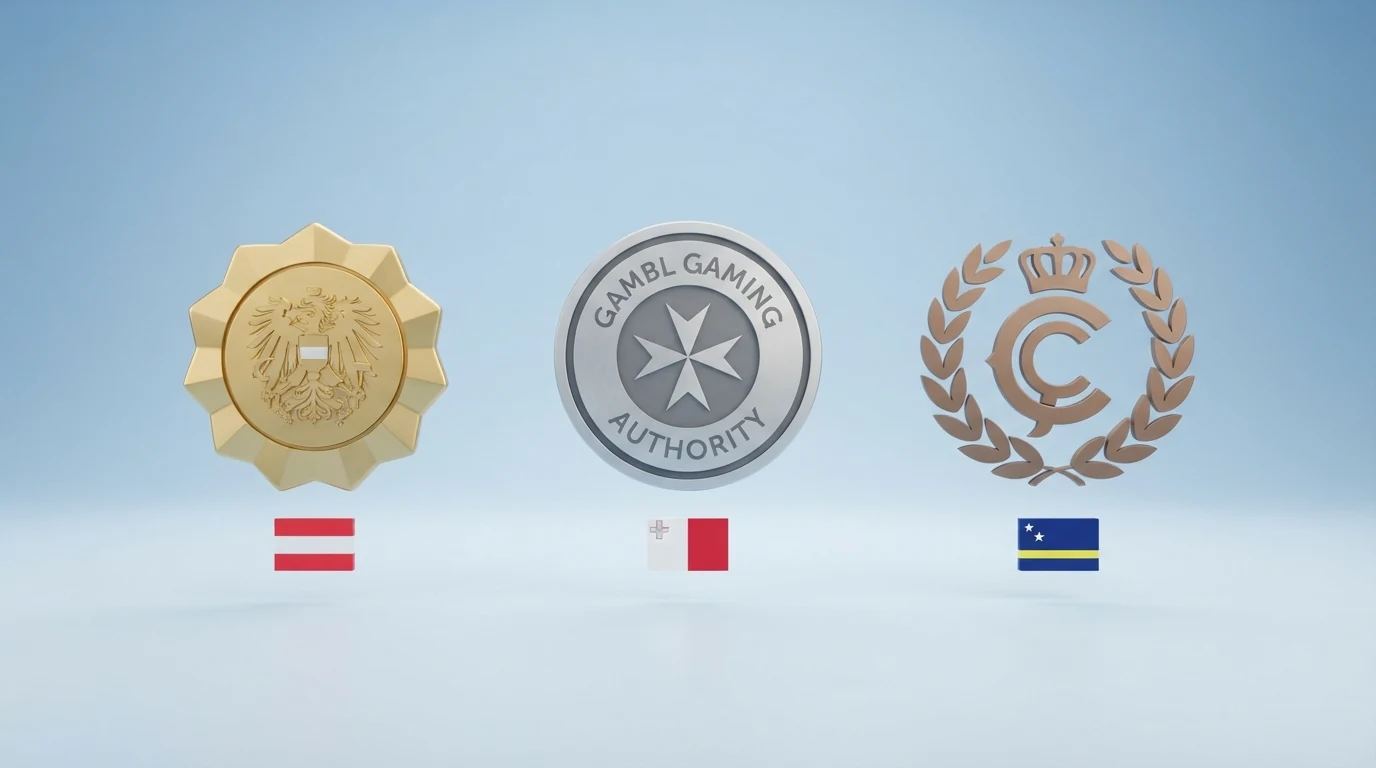 Drei nebeneinander angeordnete Behördenlogos: Bundesministerium für Finanzen (Österreich), Malta Gaming Authority, Curaçao Gaming Control Board — darunter die Flaggen der jeweiligen Jurisdiktion.