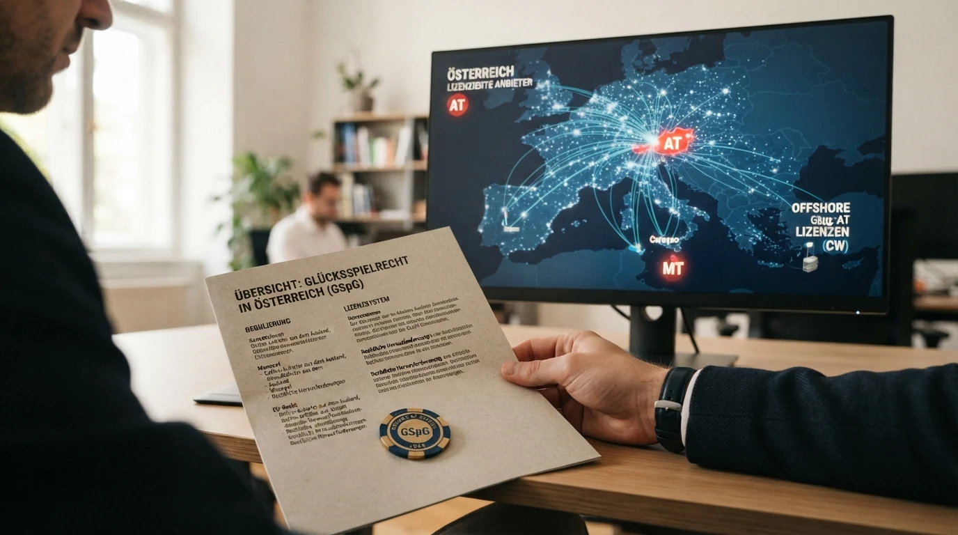 Eine stilisierte Darstellung der EU-Landkarte mit Fokus auf Österreich, Malta und Curaçao, Verbindungslinien zwischen Spielern und Casino-Servern, dazu ein Auszug aus dem GSpG