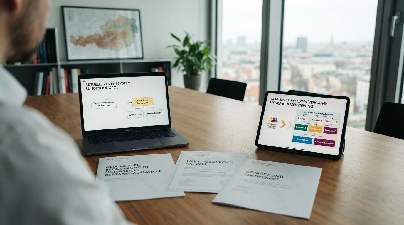 Schematische Darstellung des österreichischen Glücksspiel-Lizenzsystems: ein Konzessionär heute, mehrere Anbieter nach der Reform