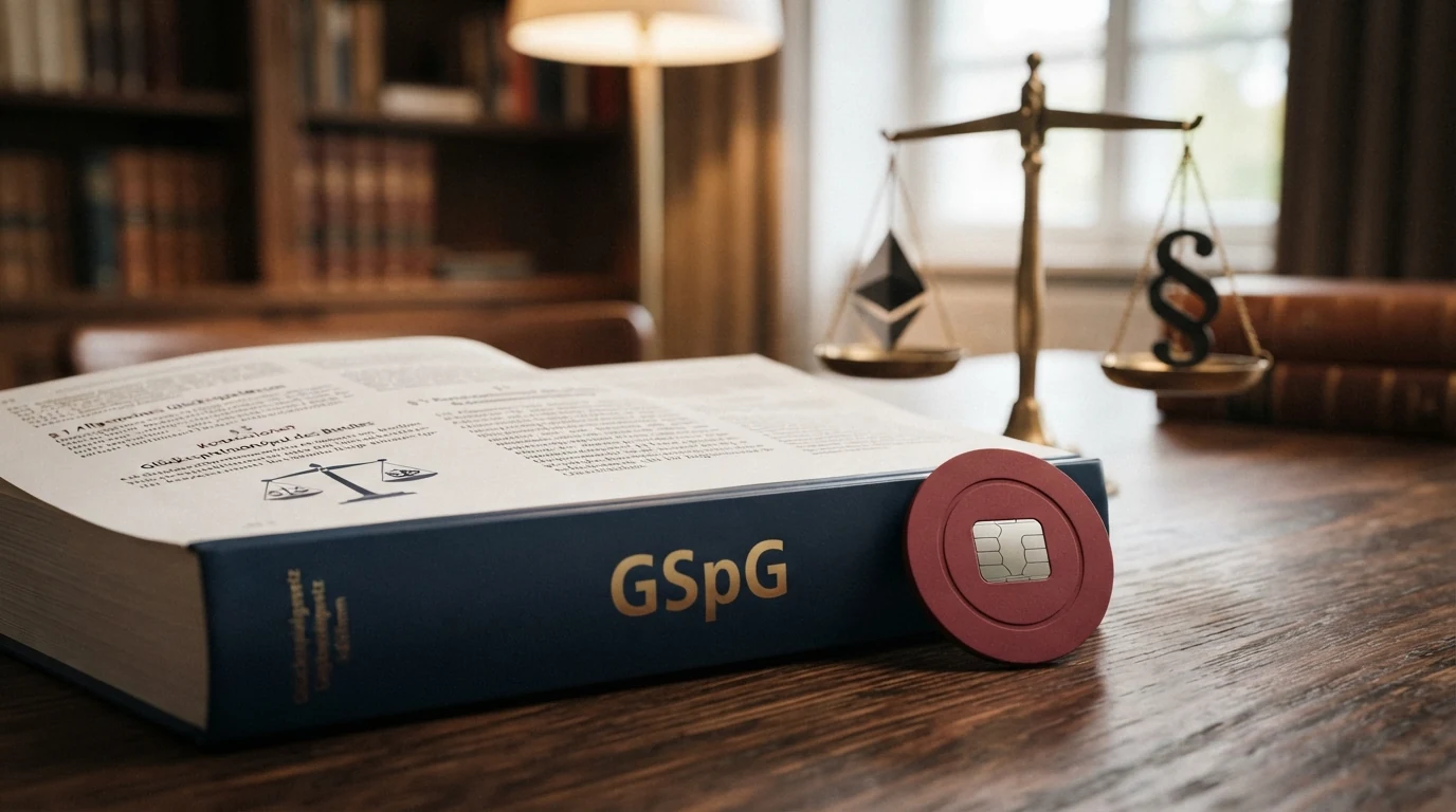 Ein aufgeschlagenes Buch mit dem Titel „GSpG“ neben einer Waage, auf deren einer Schale ein ETH-Symbol und auf der anderen ein Paragrafenzeichen liegt