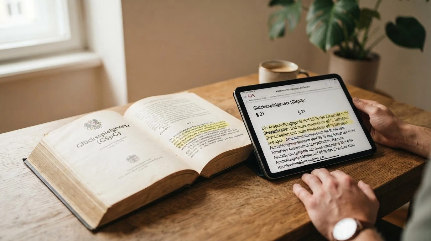 Ein Ausschnitt aus dem österreichischen Glücksspielgesetz mit Markierung der Paragraphen zur Gewinnausschüttungsquote