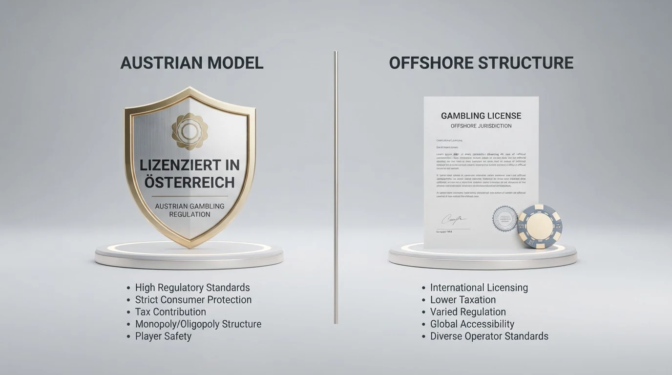 Schematische Gegenüberstellung: Auf der einen Seite das österreichische Konzessionssystem mit GSpG, win2day und Sperrregister, auf der anderen Offshore-Casinos unter Curaçao- oder MGA-Flaggen ohne AT-Zugriff auf Spielerschutz-Instrumente
