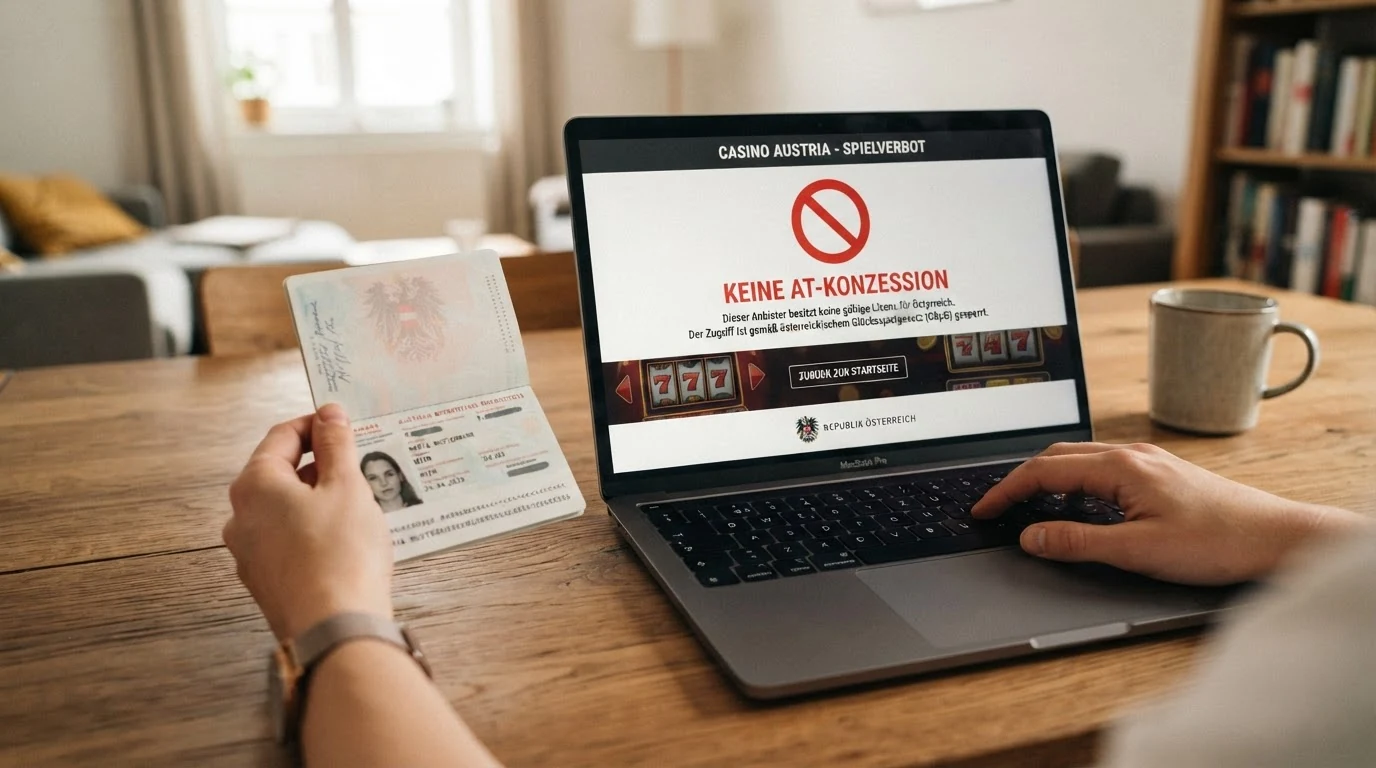 Ein österreichischer Reisepass neben einem Sperrschild mit der Aufschrift „Keine AT-Konzession“ auf einem Bildschirm mit Casino-Oberfläche.