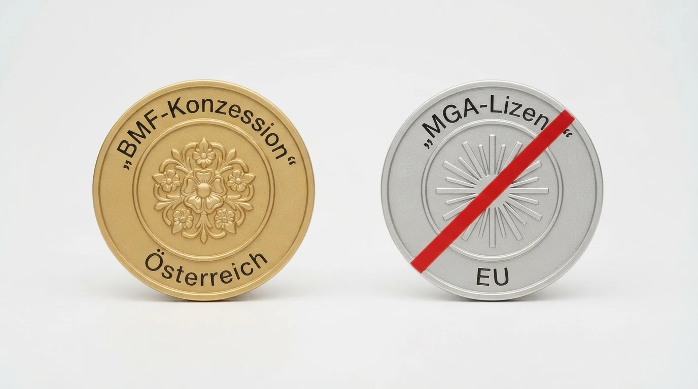 Zwei nebeneinanderliegende Dokument-Symbole: links ein BMF-Konzessionsbescheid mit österreichischem Wappen, rechts eine MGA-Lizenzurkunde mit einem durchgestrichenen Haken