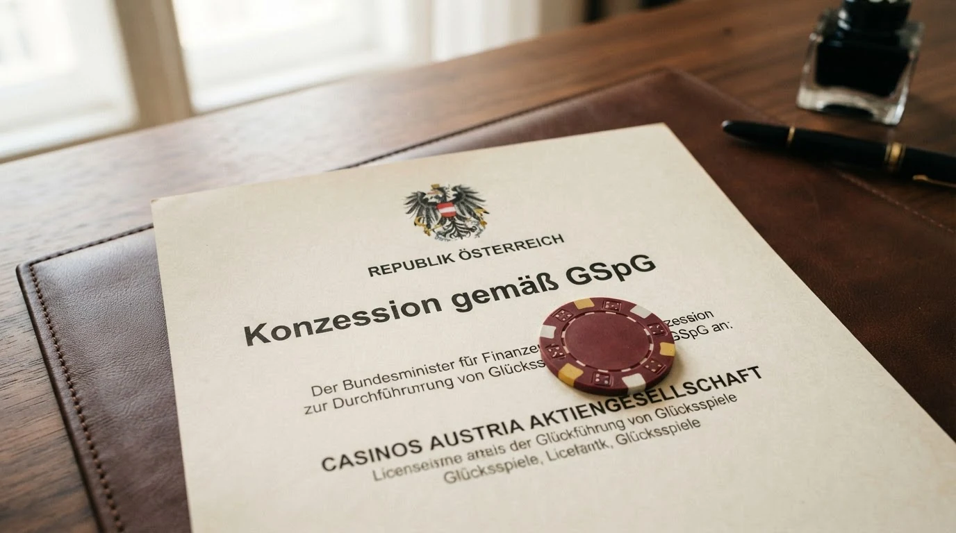 Ein amtlich wirkendes Dokument mit dem österreichischen Bundesadler und dem Schriftzug „Konzession gemäß GSpG“