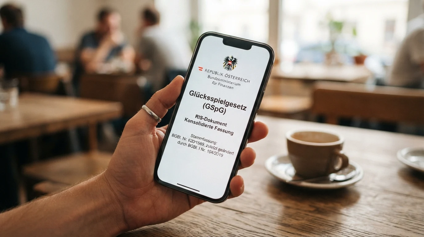 Offizielles Dokument mit österreichischem Bundesadler und dem Schriftzug „Glücksspielgesetz (GSpG)", auf einem Handy-Bildschirm vergrößert dargestellt