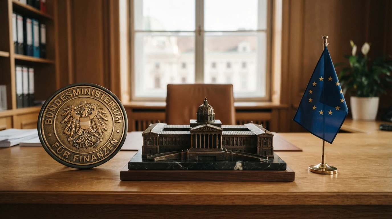 Offizielles Gebäude des Bundesministeriums für Finanzen in Wien, daneben das EU-Emblem und eine stilisierte Waage