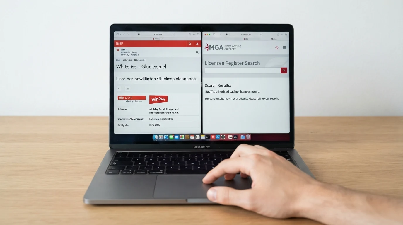 Bildschirmansicht der BMF-Whitelist-Webseite (bmf.gv.at) mit dem Eintrag der win2day-Konzession, daneben das MGA-Lizenzregister (authorize.mga.org.mt) als zweites Fenster.